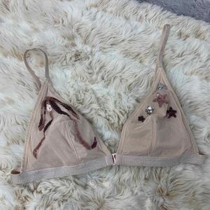 Victoria's Secret Bralette Womens Medium Light Pink Sequin Bow Star Front‎ Clasp